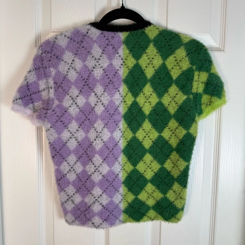 Cotton Emporium Kids Fuzzy Argyle Green and Purple Crewneck Sweater